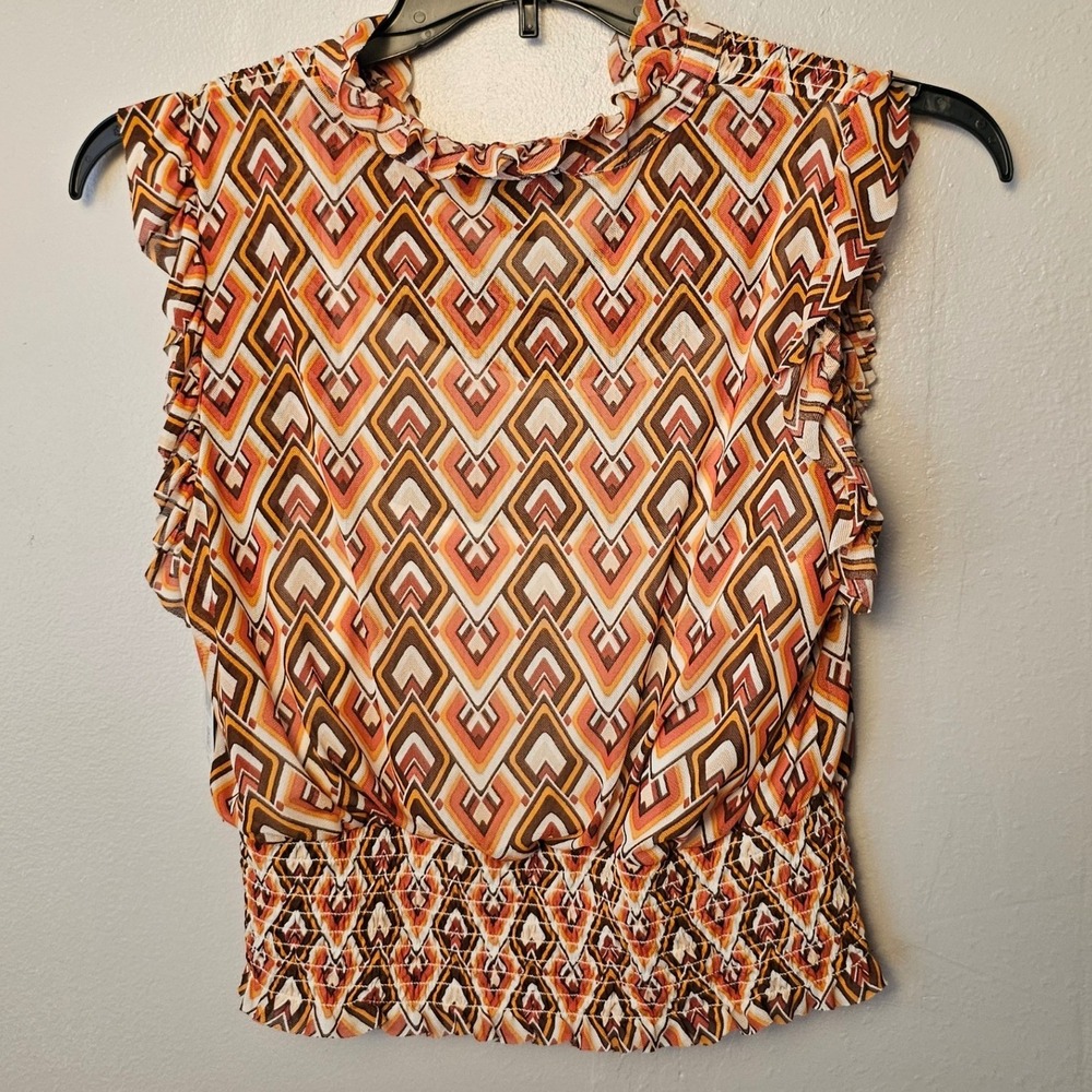 BCX Womens 2 pc Geometric Mesh Sleeveless Smocked Waist Blouse with cami Small - Picture 10 of 12